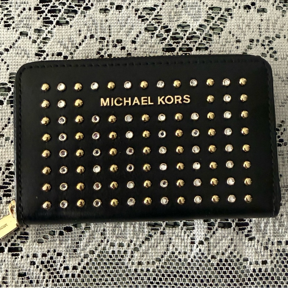 Michael Kors Black Small Crystal Studded Leather Zip Wallet